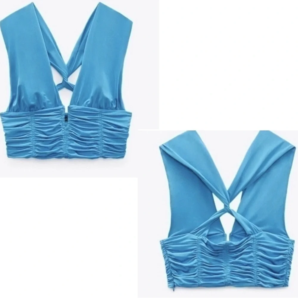 Zara blue ruched deep plunge V-neck halter crop top crisscross open back Sz XL - Picture 5 of 13